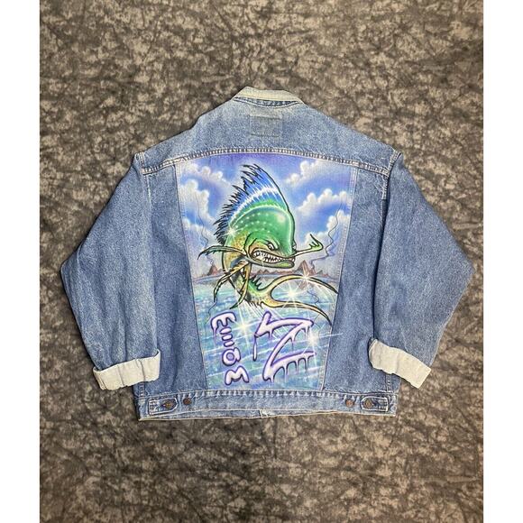 Levis Denim Jacket Size XXLARGE XXLT Hand Painted Street Wear Alien VTG Trucker